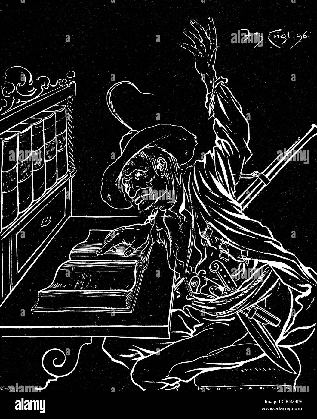 Bueckler, Johann, soprannominato Schinderhannes, 1777 - 21.11.1803, fuorilegge tedesco, caricatura, il suo fantasma è la lettura in enciclopedia, disegno di Josef B. Engl, 1896, Foto Stock