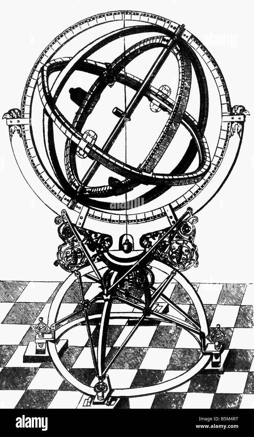 Astronomia, strumenti, sfera armillare, incisione in rame, "Astonomiae instaurate Mechanica" di Tycho Brahe, Norimberga, 1602, Foto Stock