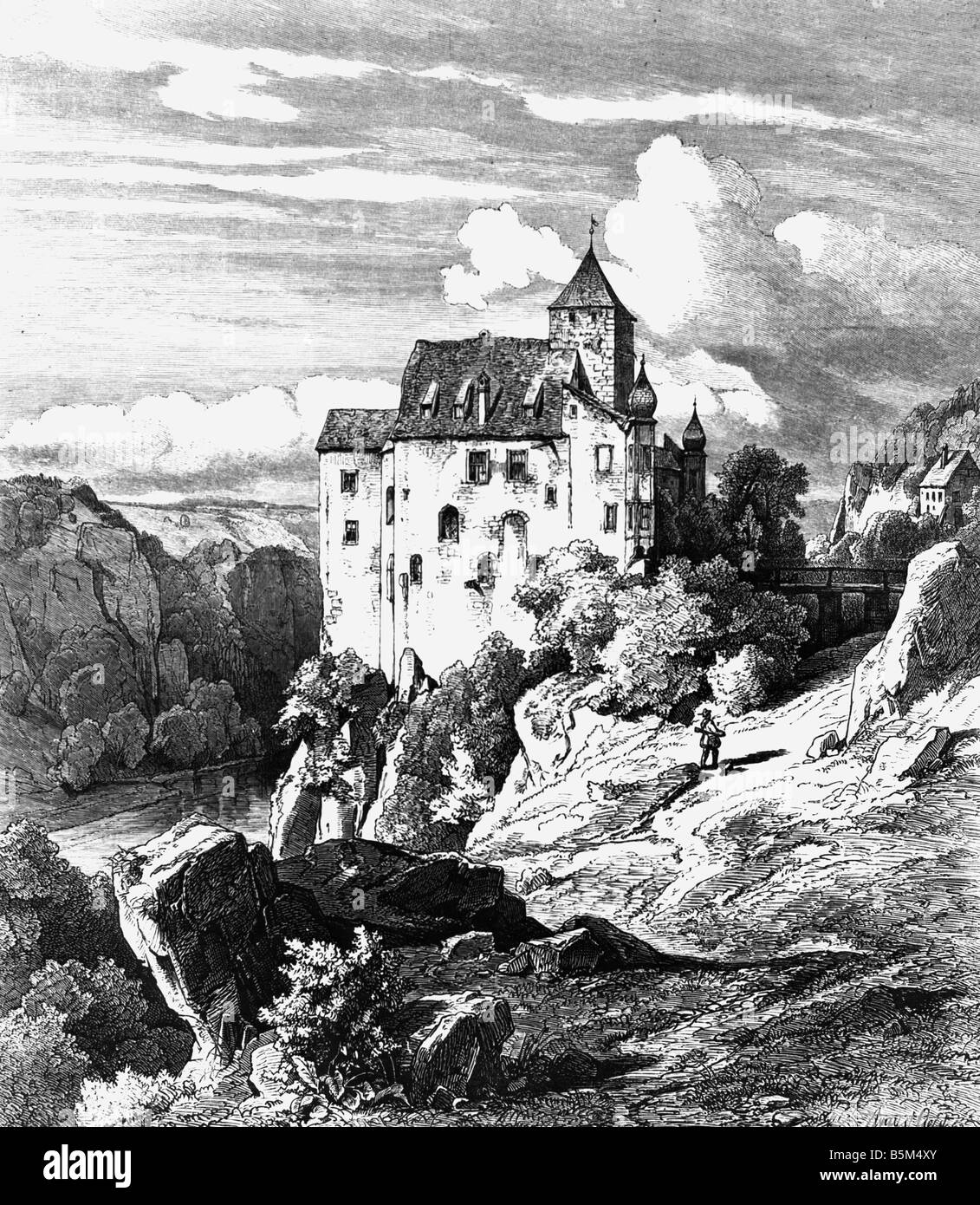 Architettura, castelli, Germania, Baviera, Castello di Prunn, vista esterna, incisione del legno dopo disegno di August Geist, 1863, Foto Stock