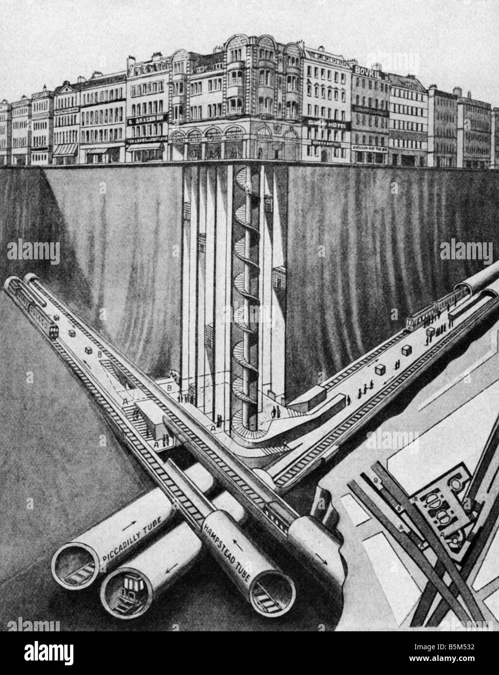 Trasporto / trasporto, trasporto pubblico, metropolitana, Londra, raccordo se due tubi, stazione Leicester Square, disegno, circa 1905, Foto Stock