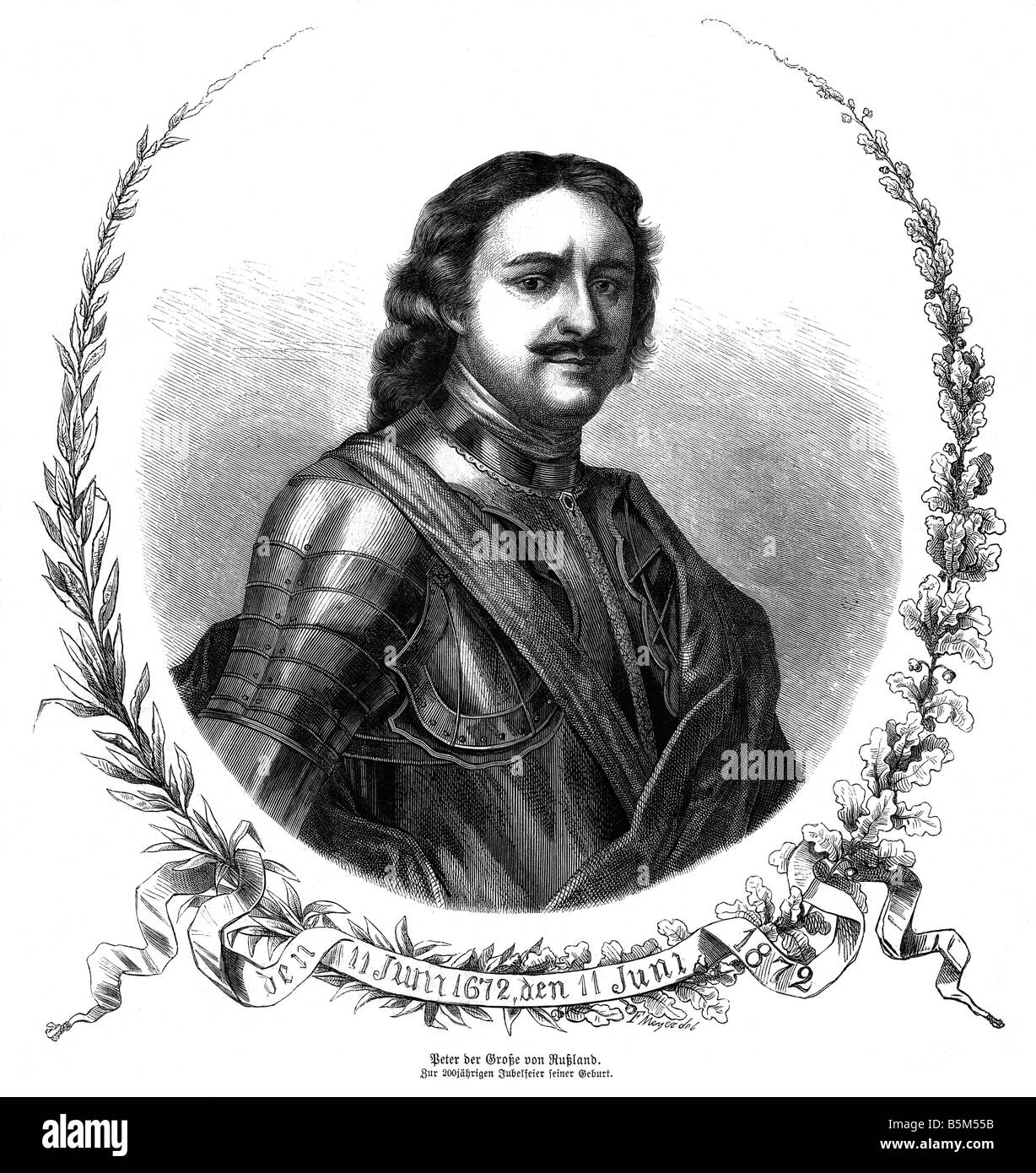 Peter i Alexeyevich 'il Grande', 9.6.1672 - 8.2.1725, imperatore di Russia 27.4.1682 - 8.2.1725, ritratto, incisione di F. Meyerdel, 19th secolo, Foto Stock