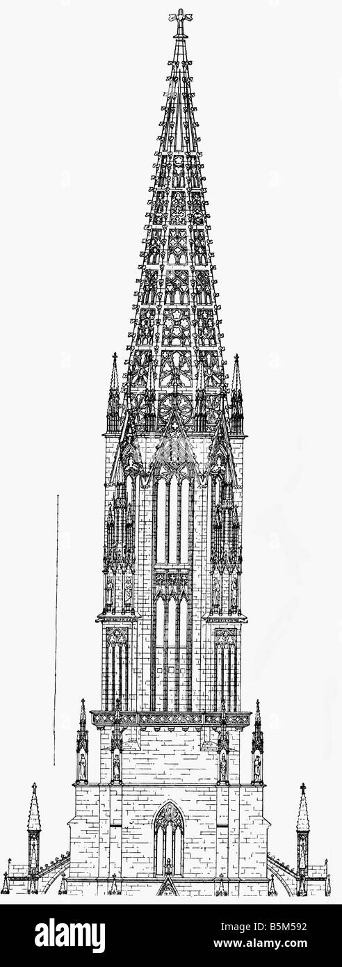 Architettura, chiese e monasteri, dettagli, torre della Cattedrale di Friburgo, costruita intorno al 1330 - 1340 da Peter von Basel e Heinrich Mueller, disegno, 20th secolo, Foto Stock