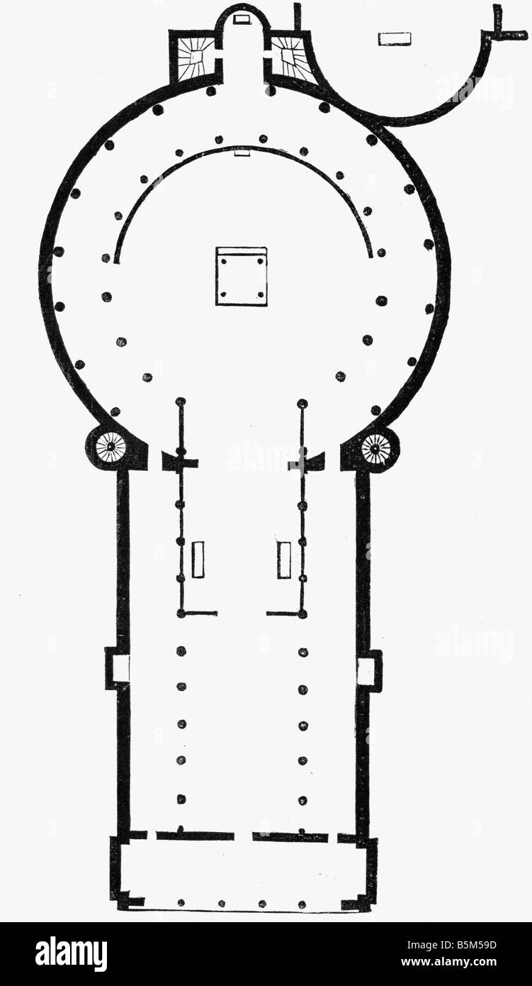 Architettura, pianta, chiesa di Sant'Agnese Fuori Le Mura, Roma, costruita 625 - 630 da papa Onorio i, disegno, 19th secolo, Sant'Agnese fuori le Mura, piano, Medioevo, Italia, Europa, 7th secolo, storico, storico, medievale, Foto Stock