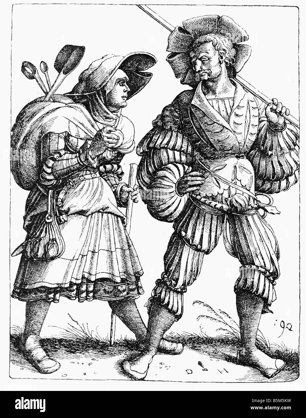 Militari, Landsknechts, Landsknecht e sua moglie, incisione su rame di Daniel Hopfer, circa 1500, artista del diritto d'autore non deve essere cancellata Foto Stock