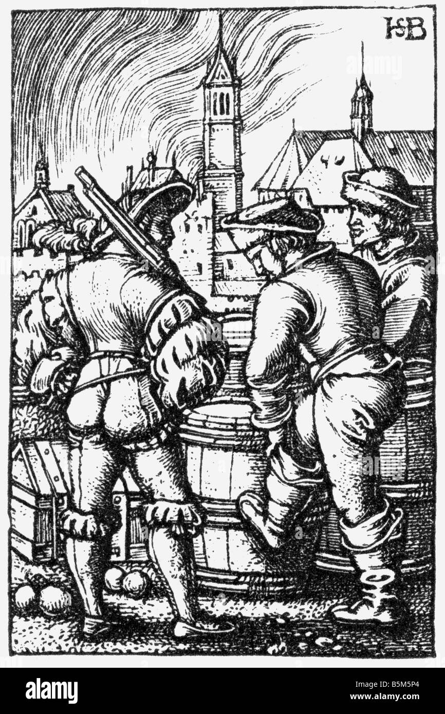 Militari, Landsknechts, sentry, incisione su rame di Hans Sebald Beham, circa 1530, artista del diritto d'autore non deve essere cancellata Foto Stock