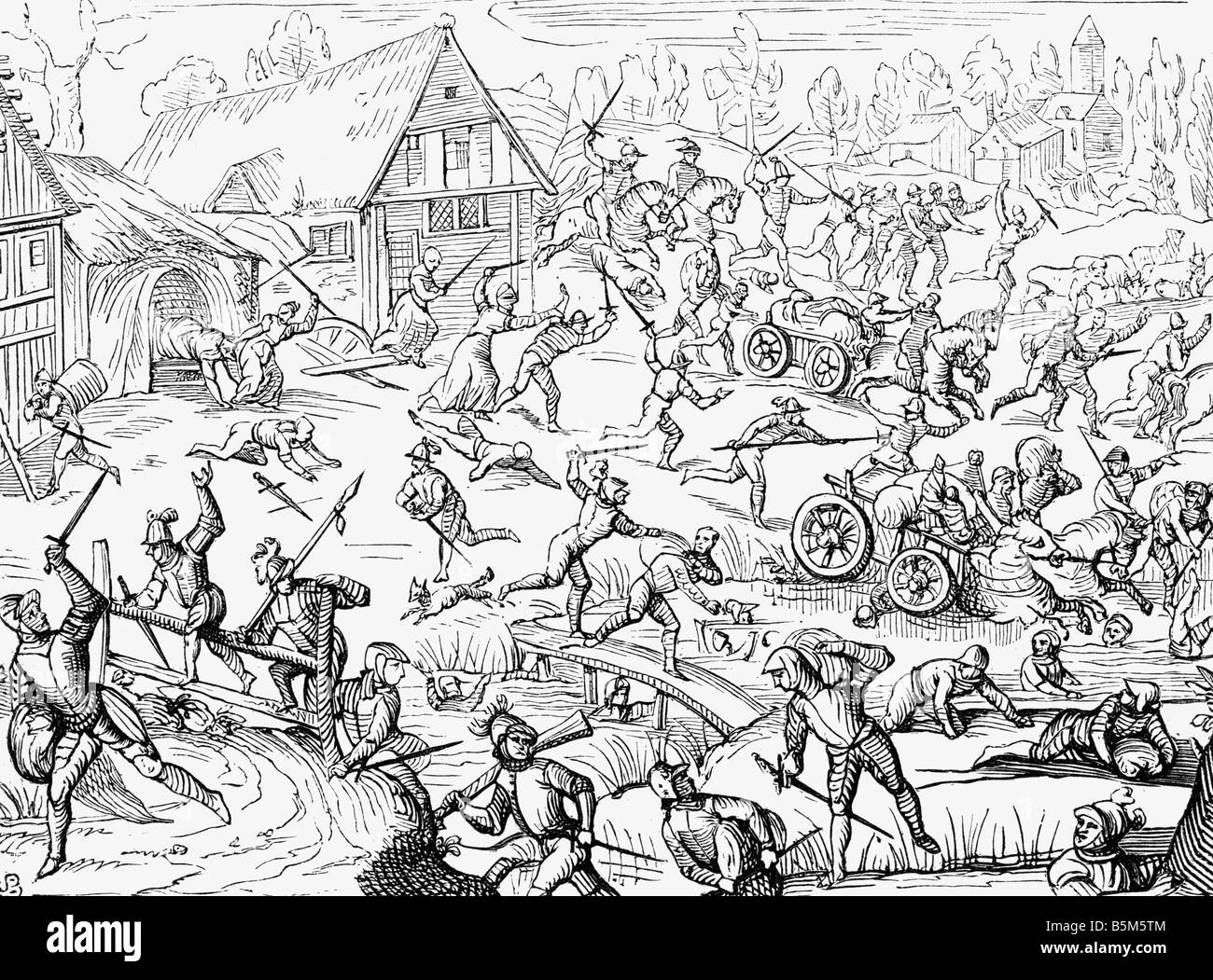 Militari, Germania, soldati che saccheggi un villaggio, woodcut, "Oldenburger Chronik" di Hermann Hamelmann, 1599, Foto Stock