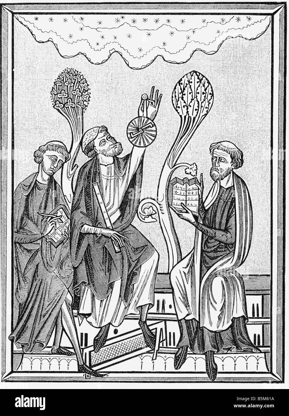 Astronomia, astronomi che osservavano il cielo nel 13th secolo, incisione del legno dopo la miniatura, Parigi, 1877, Foto Stock