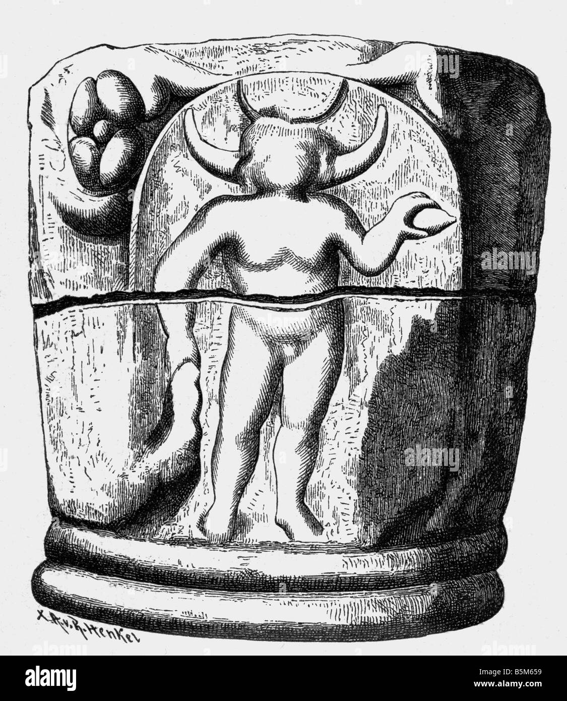 Religione, paganesimo, dio della luna, scultura, Cattedrale di Bayeux, circa 1090, incisione del legno, Francia, 19th secolo, divinità pagana, architettura, Medioevo, 11th secolo, storico, storico, medievale, persone, Foto Stock