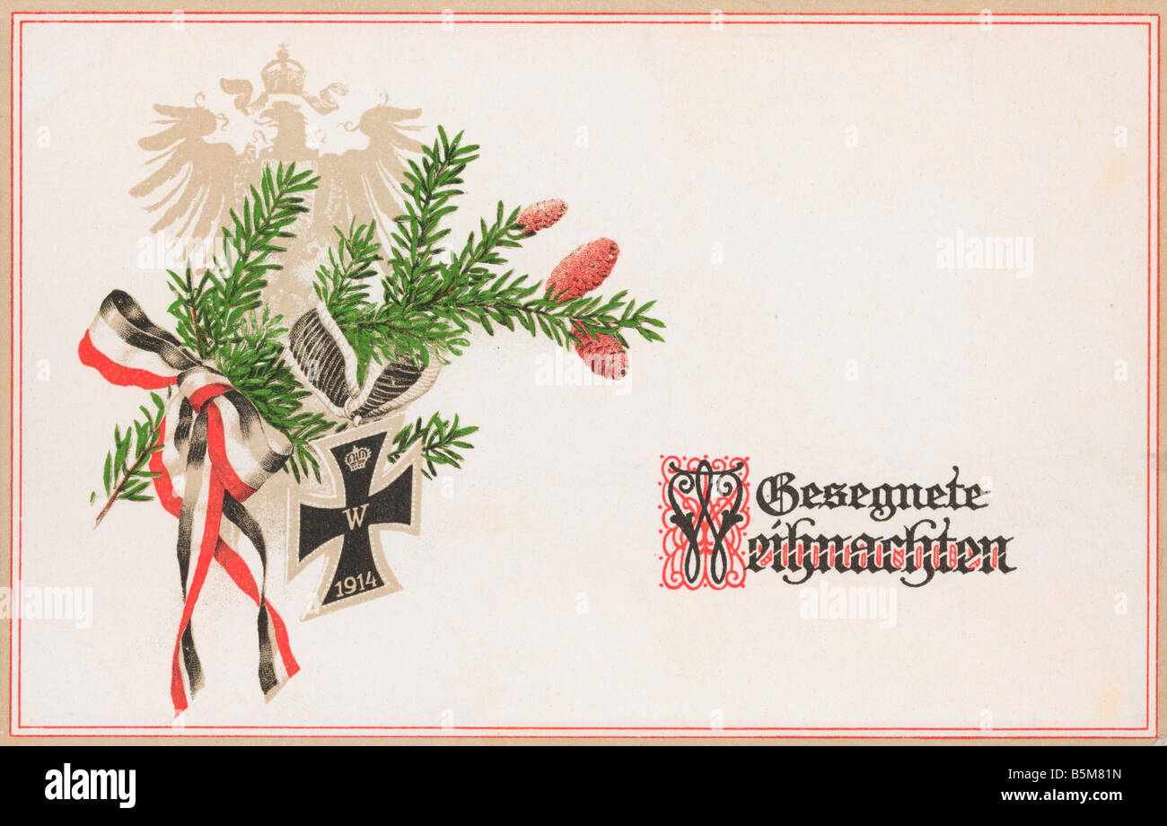 2 F15 P1 1914 2 ramo della cartolina Evergreen WWI Vigilia di Natale cartolina Gesegnete Weihnachten Ramo di evergreen con ghiande ir Foto Stock