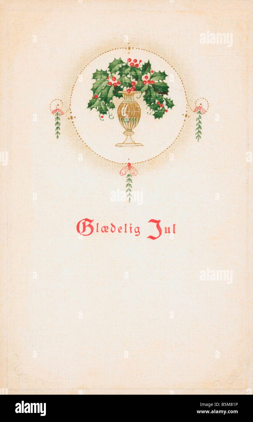 2 F15 P1 1914 3 scheda di Natale 1914 Cartoline di Natale Gloedelig Lug vaso con ramo di agrifoglio cartolina Litografia a colori con Foto Stock