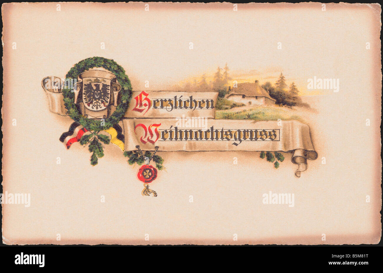 2 F15 P1 1916 1 Banner con corona di quercia cartolina Cartoline di Natale Herzlichen Weihnachtsgruss Baner con corona di quercia reichs eagl Foto Stock