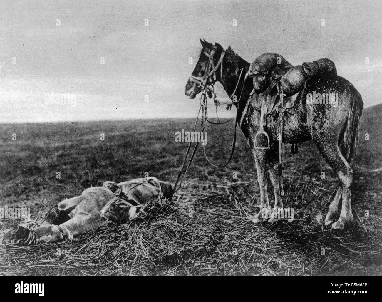 2 G55 B2 1916 16 WWI Balcani soldato caduto e cavallo storia la I guerra mondiale I Balcani un soldato caduto e il suo amico fidato hi Foto Stock