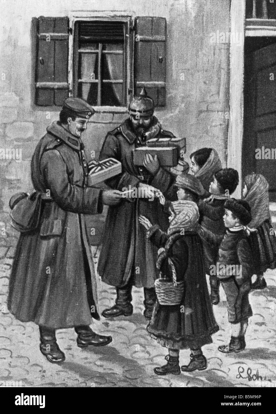 2 G55 P1 1914 28 distribuendo doni I Guerra Mondiale c 1914 Storia La Prima Guerra Mondiale la propaganda del nostro barbari nel territorio nemico di consegnare o Foto Stock