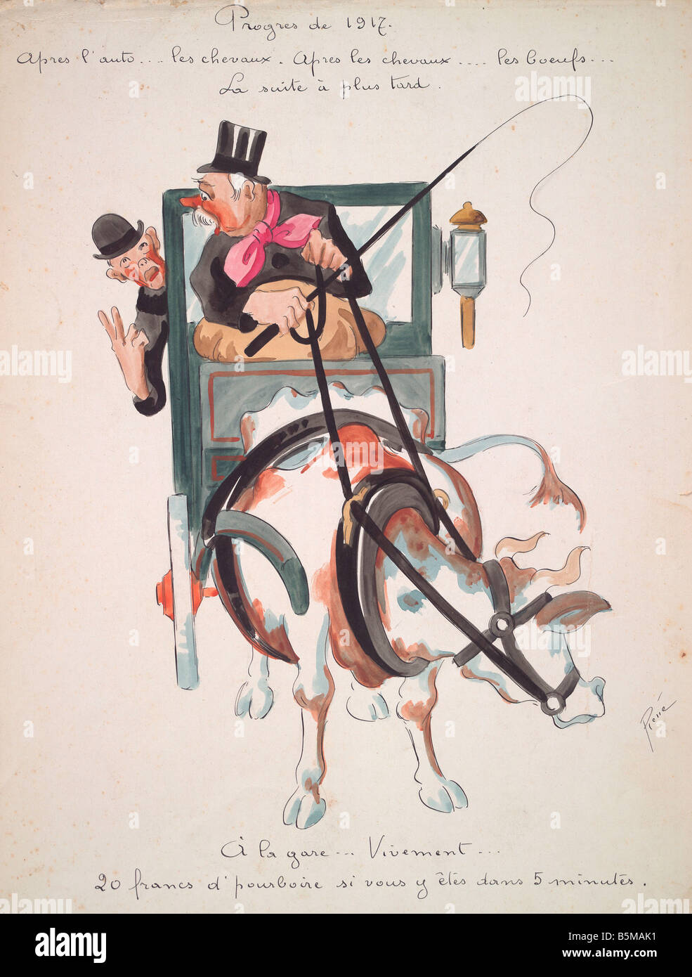 2 G55 W2 1917 6 e Cow carrozza Cartoon WWI storia prima guerra mondiale le economie di guerra Progres de 1917 Apres l auto les chevaux Apre Foto Stock