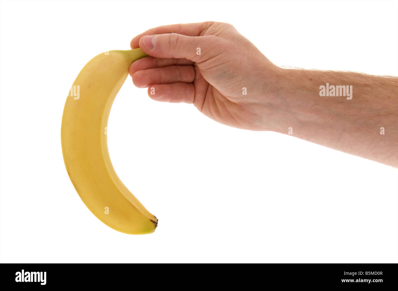 Mans diritto maschio mano tesa tenendo una banana contro uno sfondo bianco Foto Stock