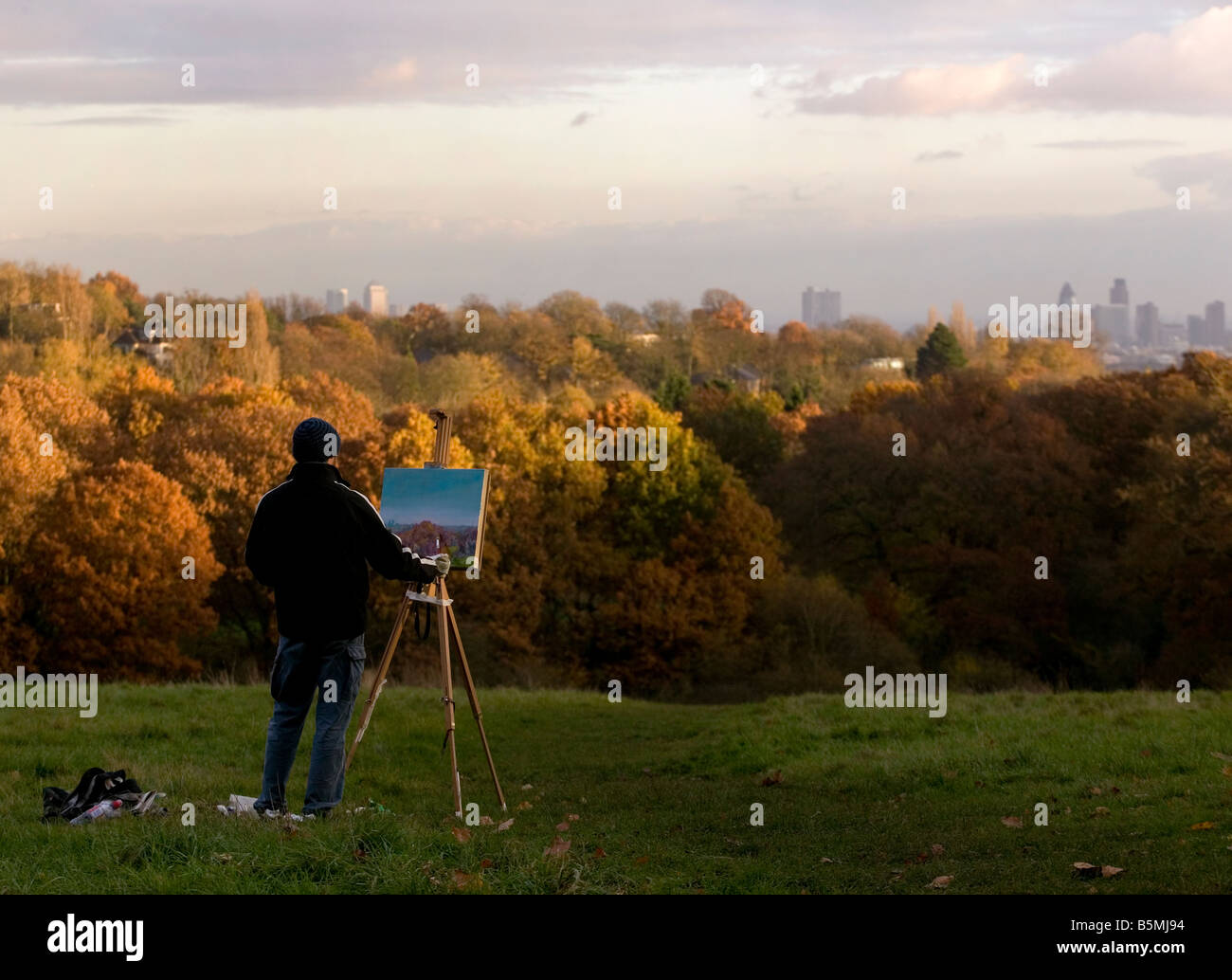 La pittura dell'artista Hamstead Heath con la City of London skyline Foto Stock
