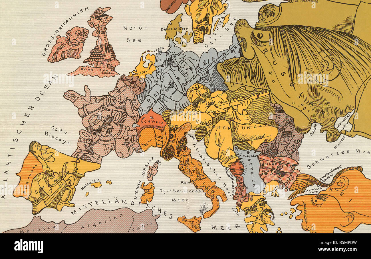 9 1914 8 0 E1 Europa nel 1914 Mappa satirico Prima Guerra Mondiale mappe Karte von Europa im Jahre 1914 Mappa di Europa 1914 Mappa da W Trier Foto Stock