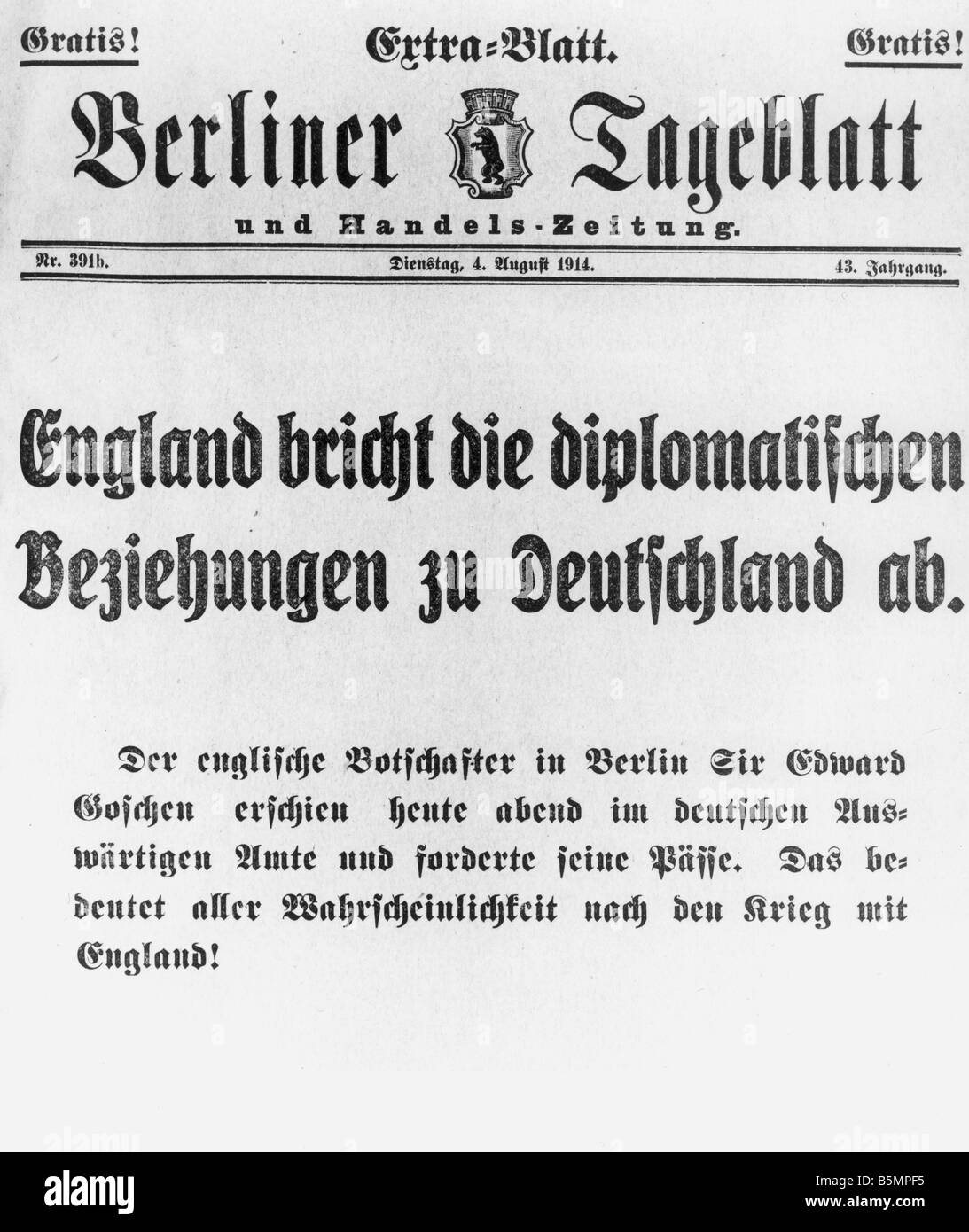 9 1914 8 4 E1 ultimatum inglese 1914 edizione Extra Guerra Mondiale 1 1914 18 Inglese ulti matum alla Germania di rispettare la neutralità di essere Foto Stock