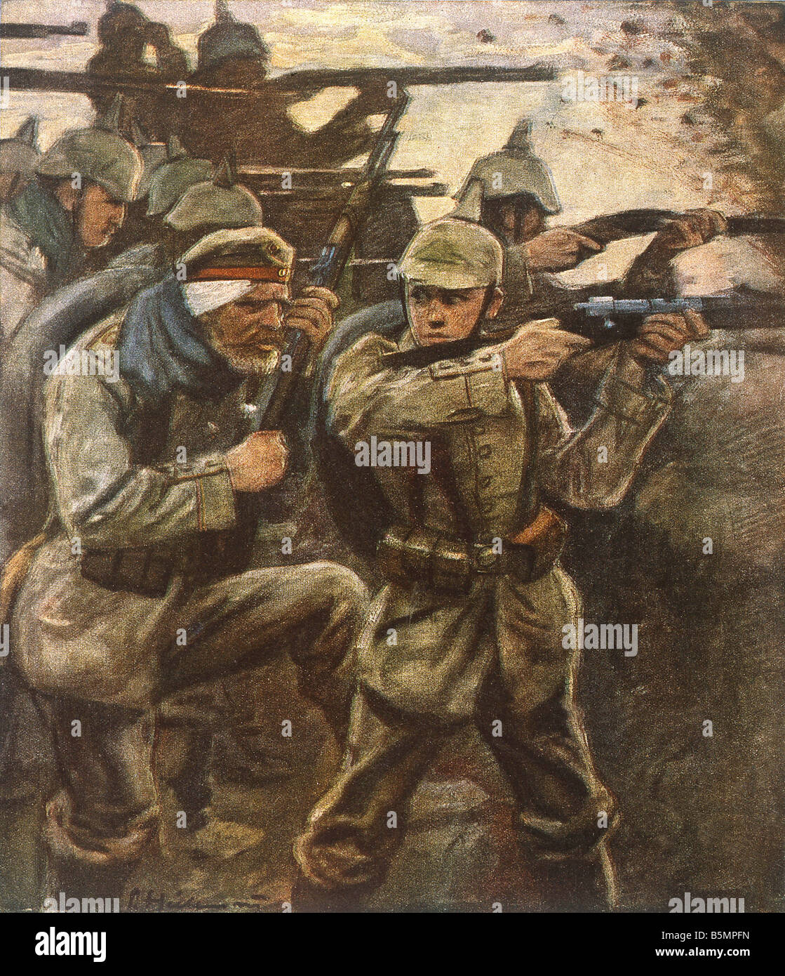 9 1915 0 0 C1 I Guerra Mondiale il Padre e il figlio caricatura Prima Guerra Mondiale 1914 18 padre e figlio Boy prendere la copertura se succede qualcosa per Foto Stock