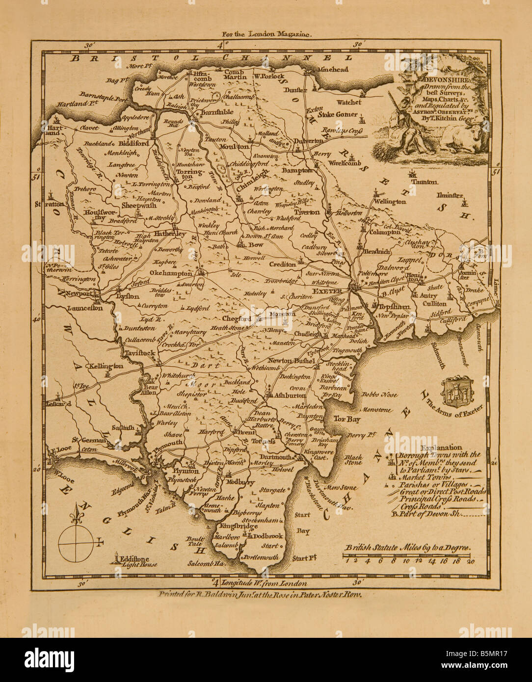 Una vecchia mappa della Contea di Devon poi noto come Devonshire fu incisa nel 1761 per la rivista di Londra Foto Stock