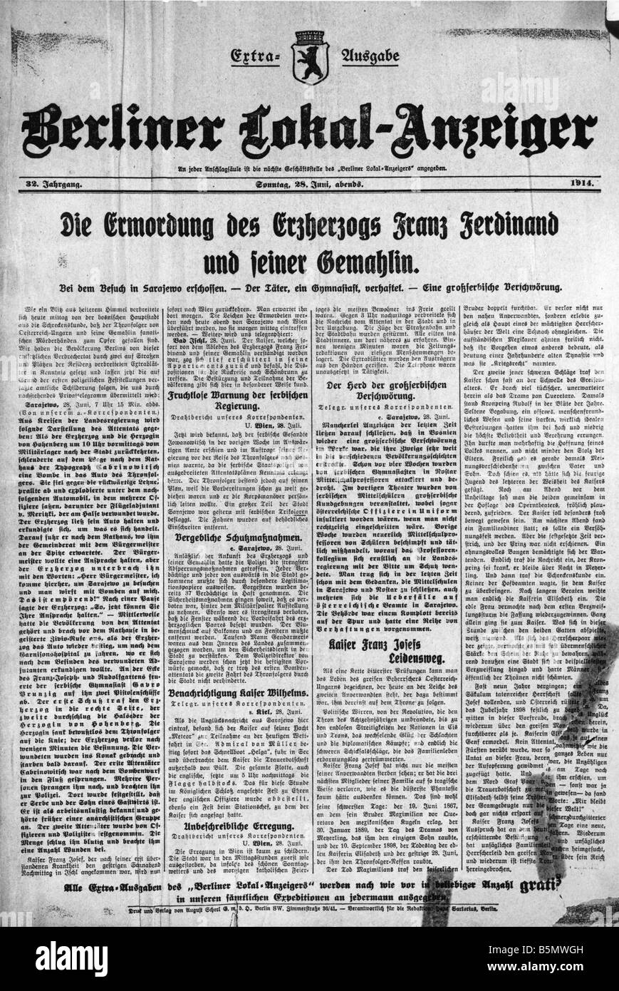 9OE 1914 6 28 E1 Assassin Sarajevo 1914 Berl Lokalanz preistoria della guerra mondiale 1 assassinio di Austr appeso erede al trono un Foto Stock