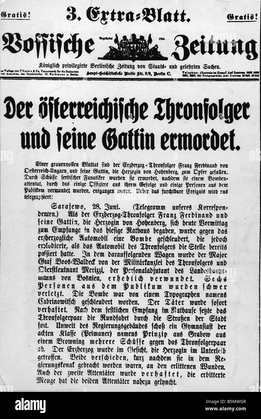 9OE 1914 6 28 E2 e omicidio Sarajevo 1914 Vossische Zeitung Pregistory della guerra mondiale 1 omicidio dell'Ungherese austriaco erede al Foto Stock