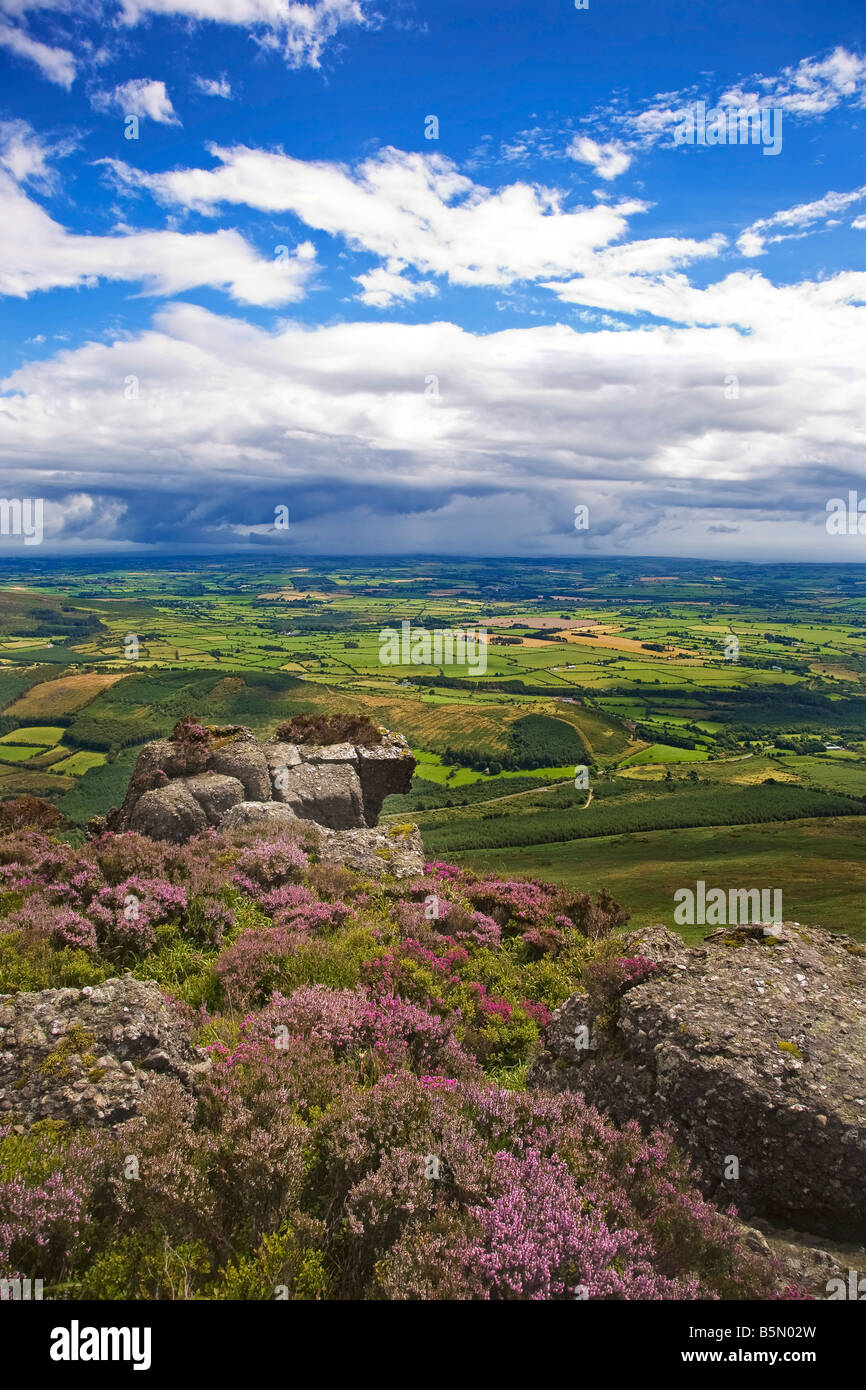 Campi pastorali allungando all'orizzonte, interrotta da Croghaun. Vista da sopra il lago Coumshingaun, Comeragh montagne, nella contea di Waterford, Irlanda Foto Stock