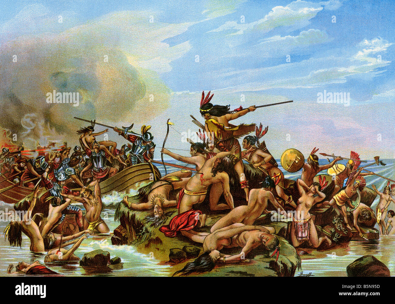 Battaglia di Santa Cruz il primo spargimento di sangue nel Nuovo Mondo. Litografia a colori Foto Stock