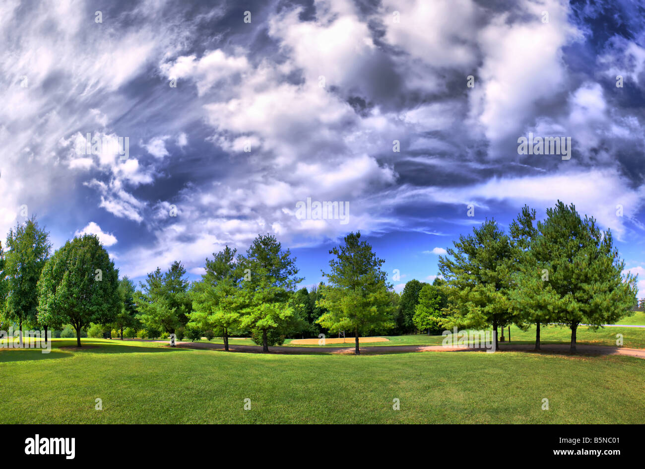HDR panorama di un parco in estate con una drammatica sky Foto Stock