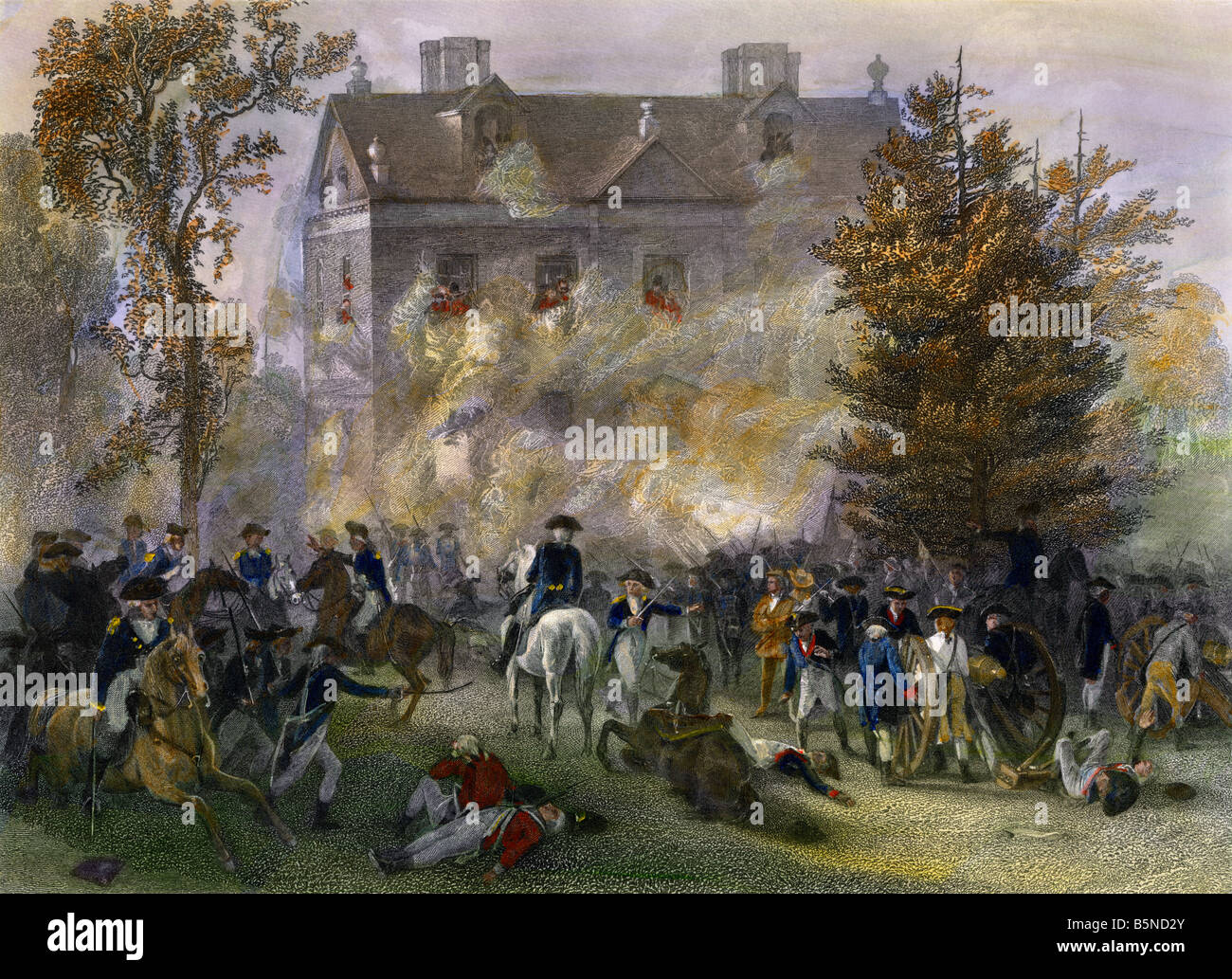 Attacco a giudicare masticare's house durante la Battaglia di Germantown Pennsylvania 1777. Colorate a mano incisione in acciaio Foto Stock