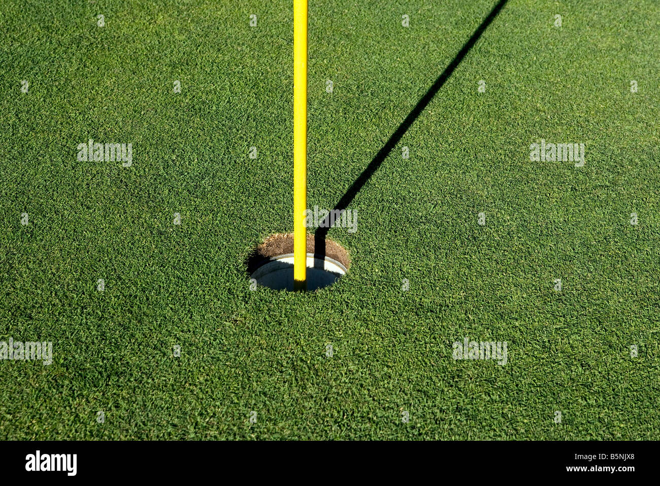 L ombra di una bandiera su di un campo da golf di colore verde. Foto Stock