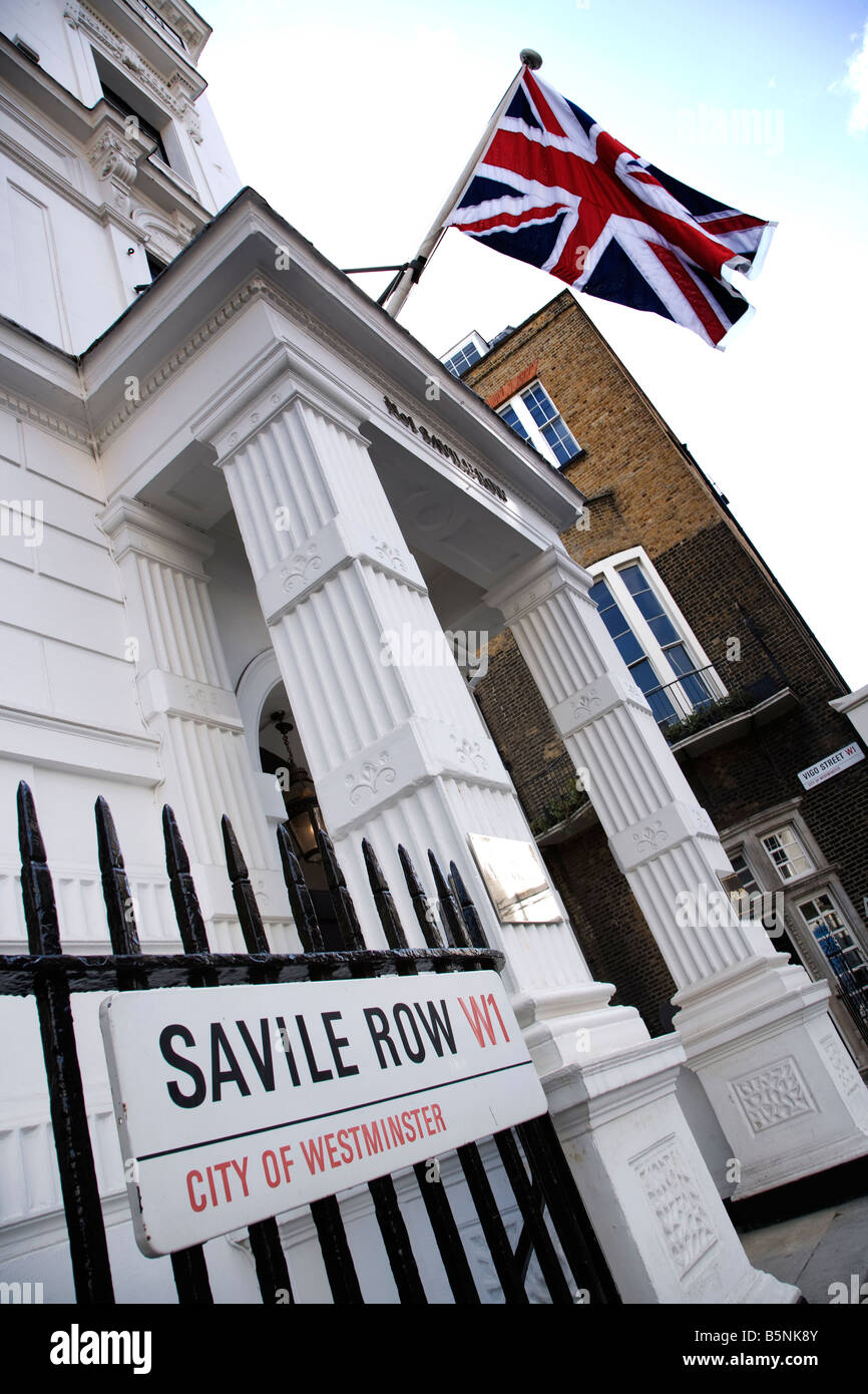 Union Jack flag e Savile Row segno, Londra W1 Foto Stock