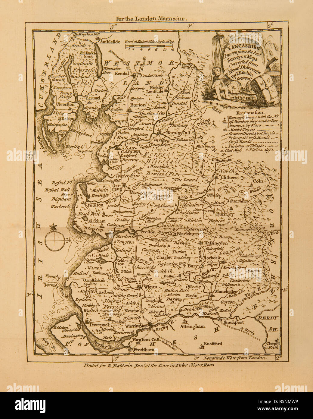 E la vecchia incisione del XVIII secolo della contea di Lancashire in Inghilterra ha creato nel 1761 per la rivista di Londra. Foto Stock