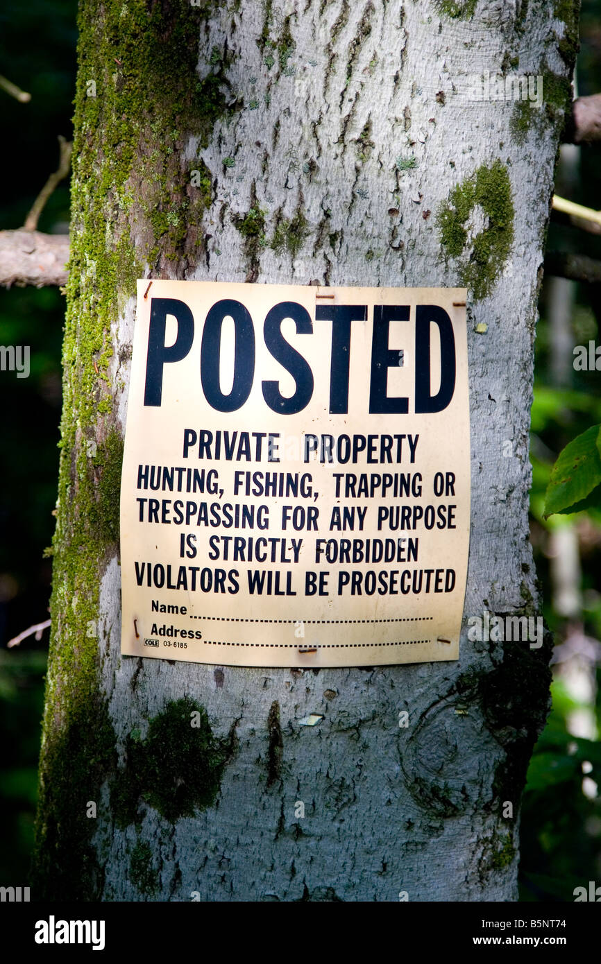 Nessuna intrusione, la proprietà privata segno attaccato a un albero. Foto Stock