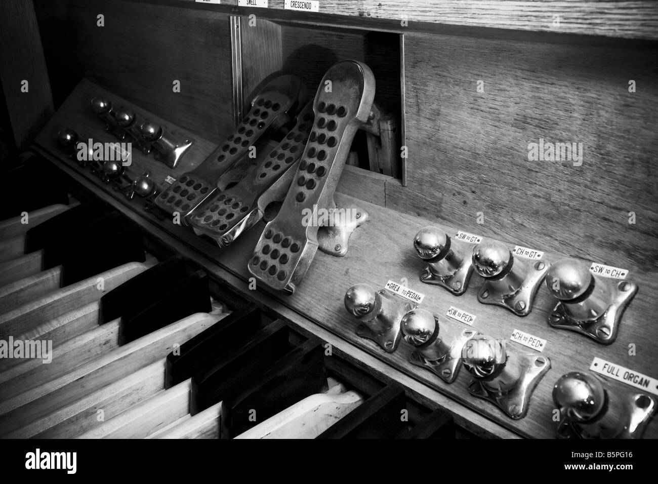 Pedali e pedaliera di un organo a canne. Foto Stock