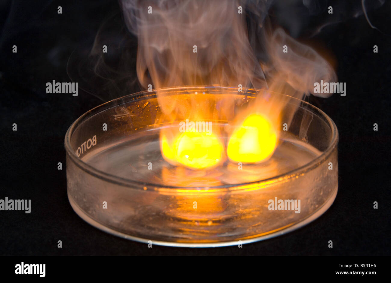 Il sodio reagisce con acqua la generazione di idrossido di sodio e idrogeno che si infiamma Foto Stock