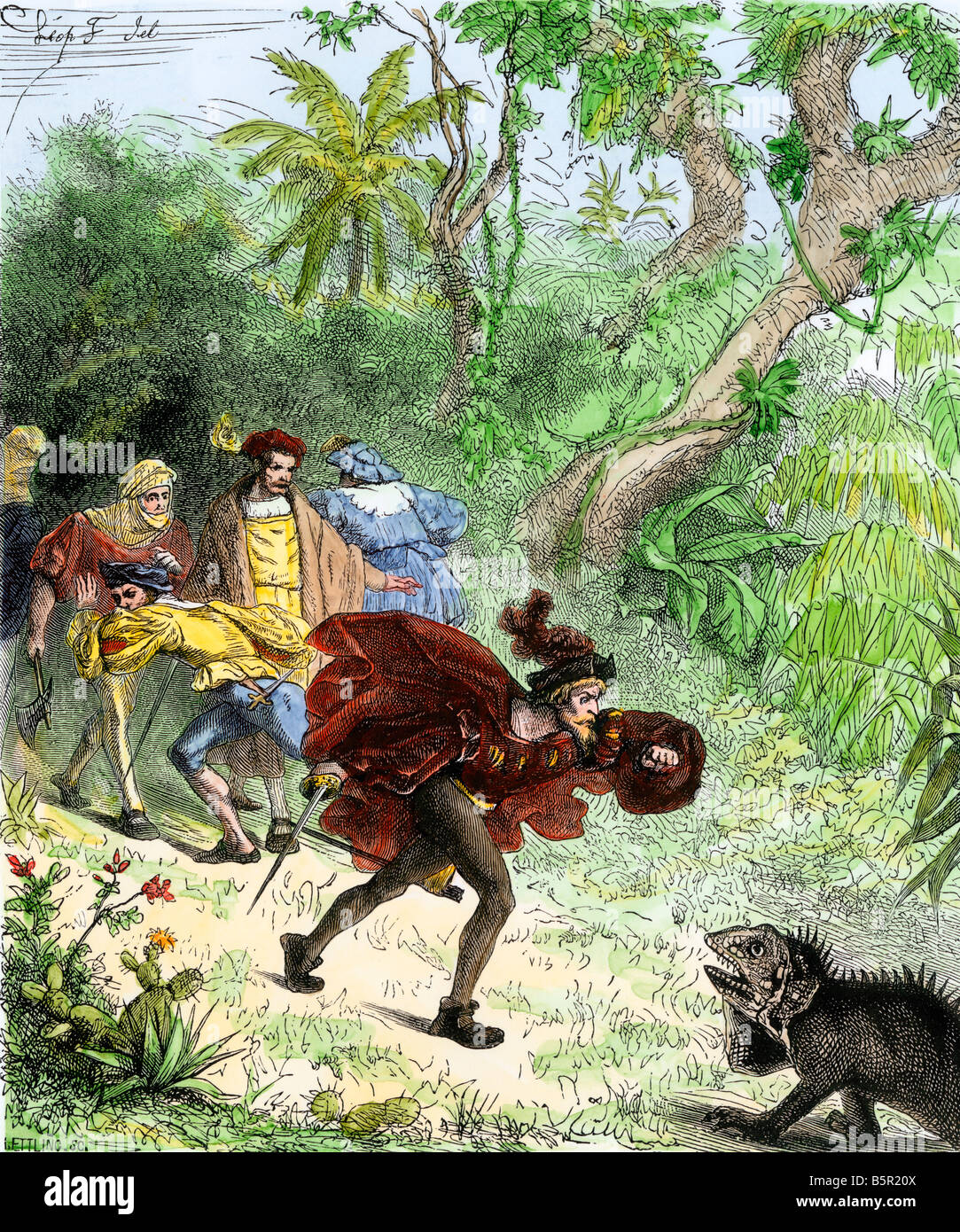 Columbus incontrando un iguana quando egli era a terra nel Nuovo Mondo. Colorate a mano la xilografia Foto Stock