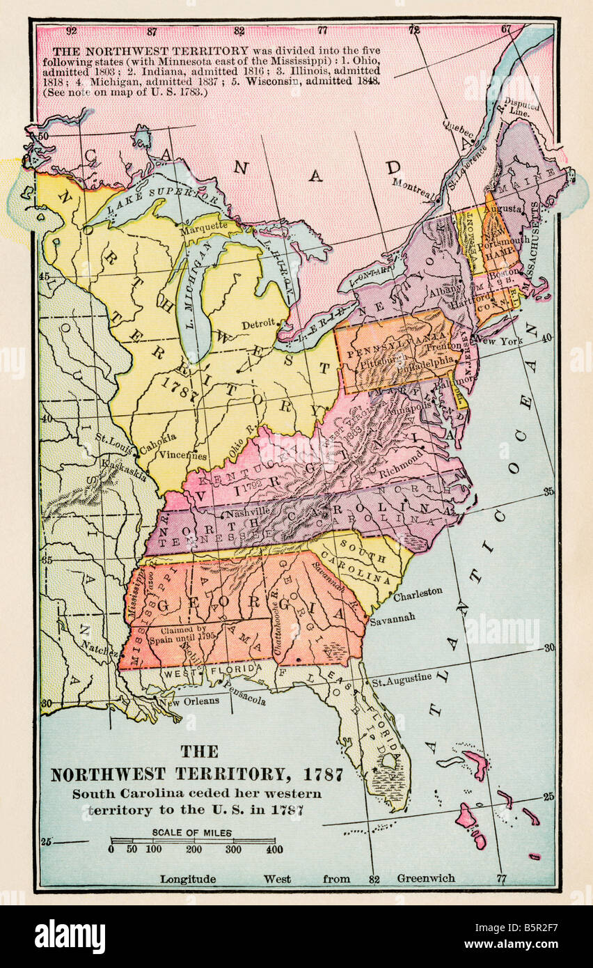 Mappa del vecchio territorio Nord Ovest 1787. Litografia a colori Foto Stock