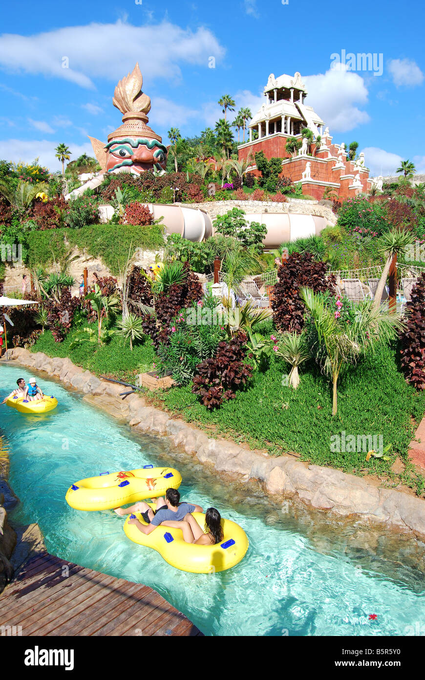 Vista parco mostra mai Thai River ride, Siam Park Water Kingdom Theme Park, Costa Adeje, Tenerife, Isole Canarie, Spagna Foto Stock