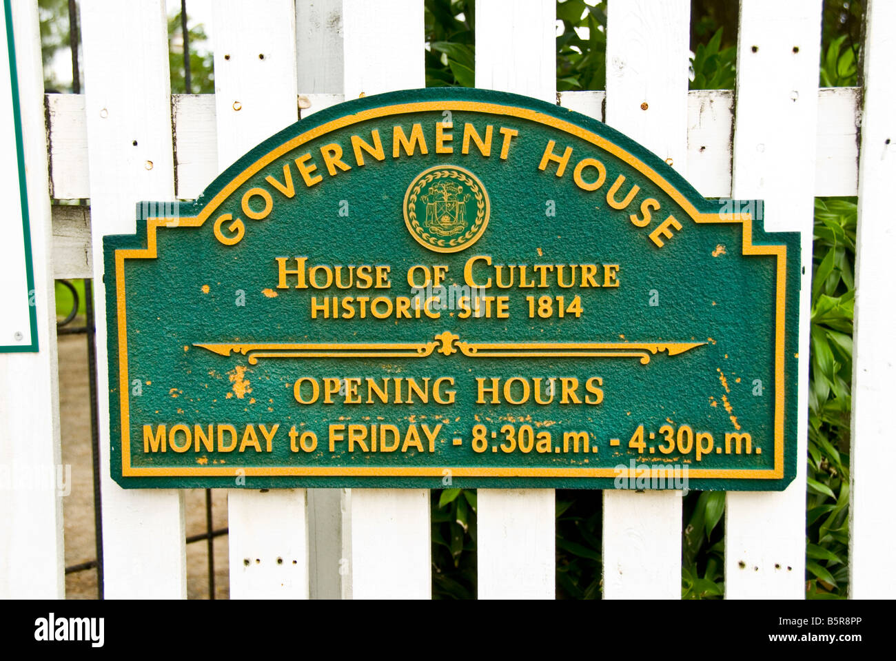 Belize City segno marcatore Government House Casa della cultura storico sito 1814 attrazione turistica Foto Stock