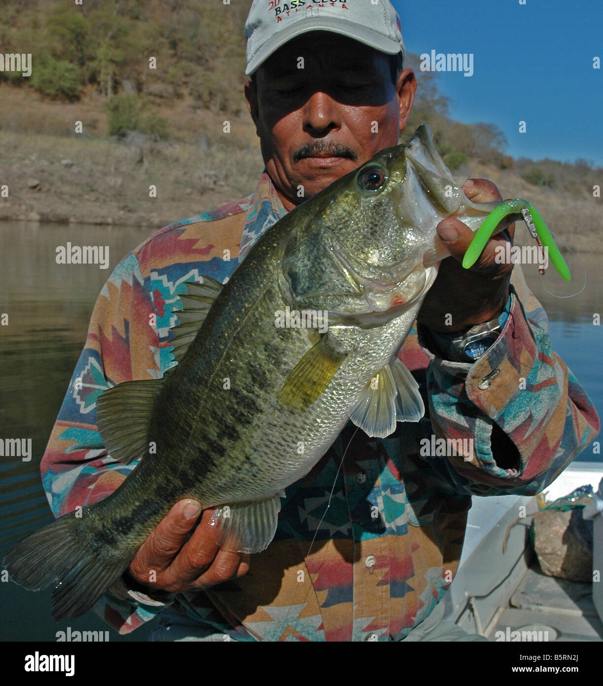 Una guida hefts un largemouth catturati su una plastica "strampalato' worm nel lago Mateos, un serbatoio messicano nella Sierra Madre Mountains. Foto Stock