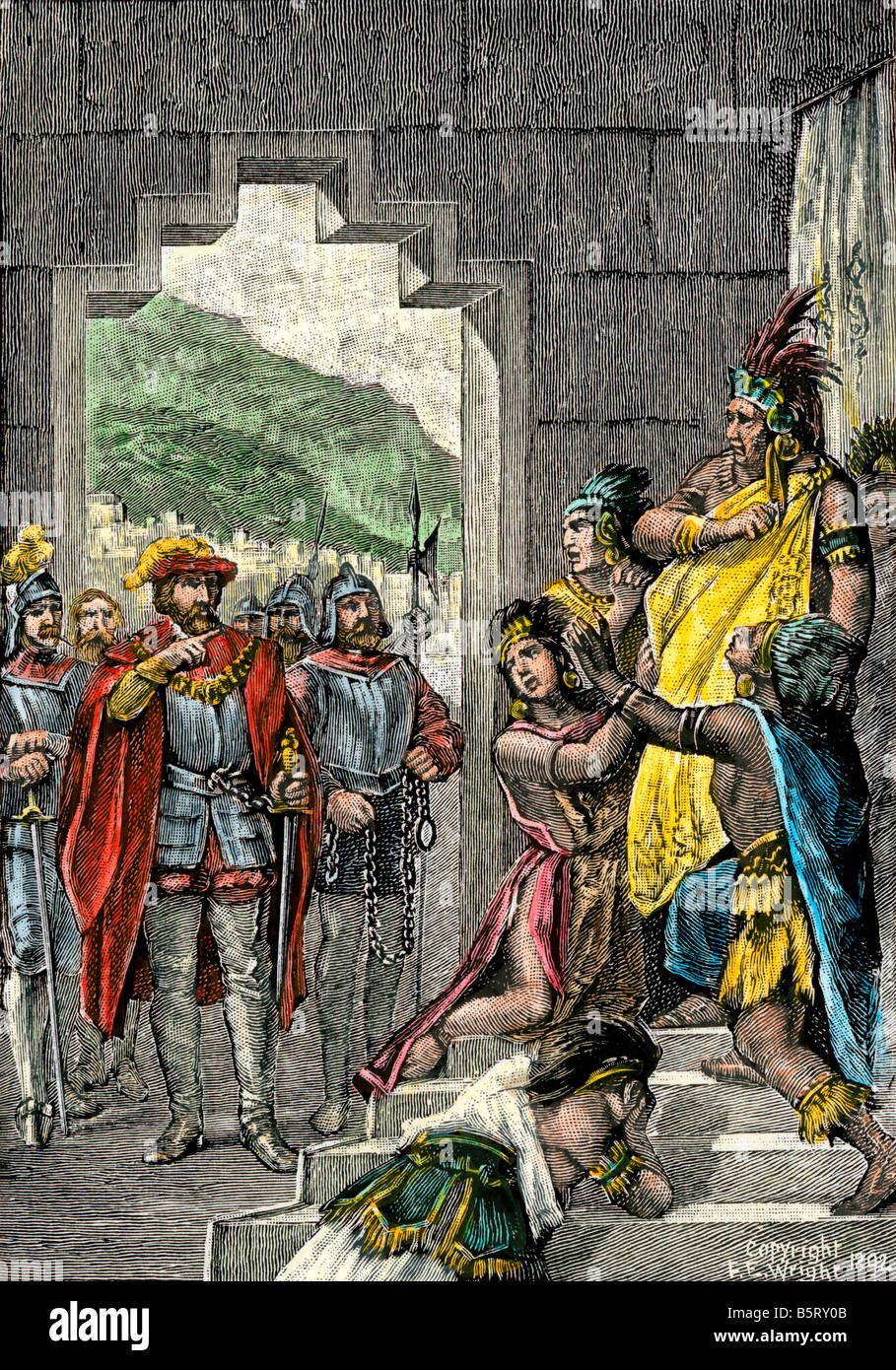 Conquistatore spagnolo Pizarro gli ordini del sovrano Inca Atahualpa per essere portato all'istante per l'esecuzione in Perù 1533. Colorate a mano la xilografia Foto Stock