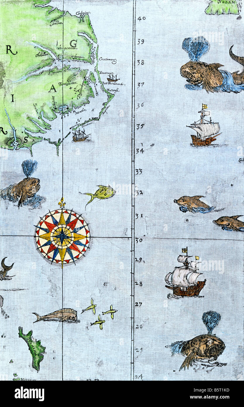 Giovanni Bianco mappa della costa atlantica del nord Carolina e Virginia 1500s. Colorate a mano la xilografia Foto Stock