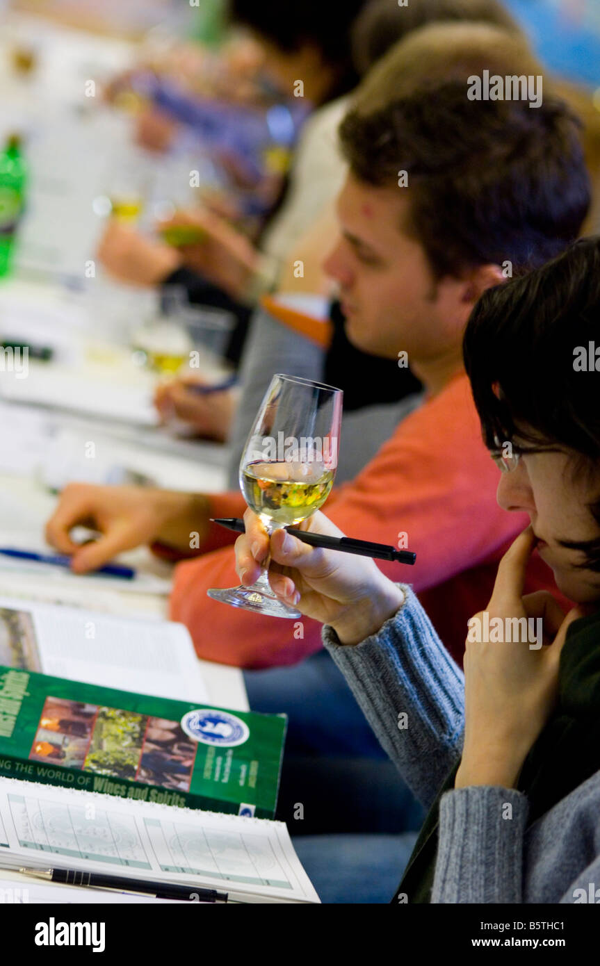 Allievo adulto sniffs vino sul corso avanzato sui vini in vini e liquori Educational Trust di Londra Foto Stock