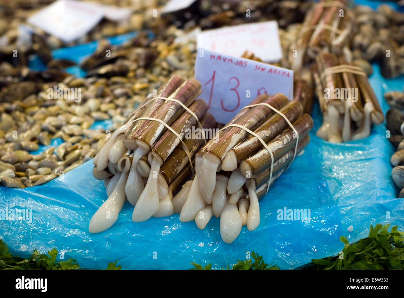 Rasoio di Navajas shell per la vendita nel centro di mercato del pesce Mercado Central nel centro storico della città di Valencia Spagna Foto Stock