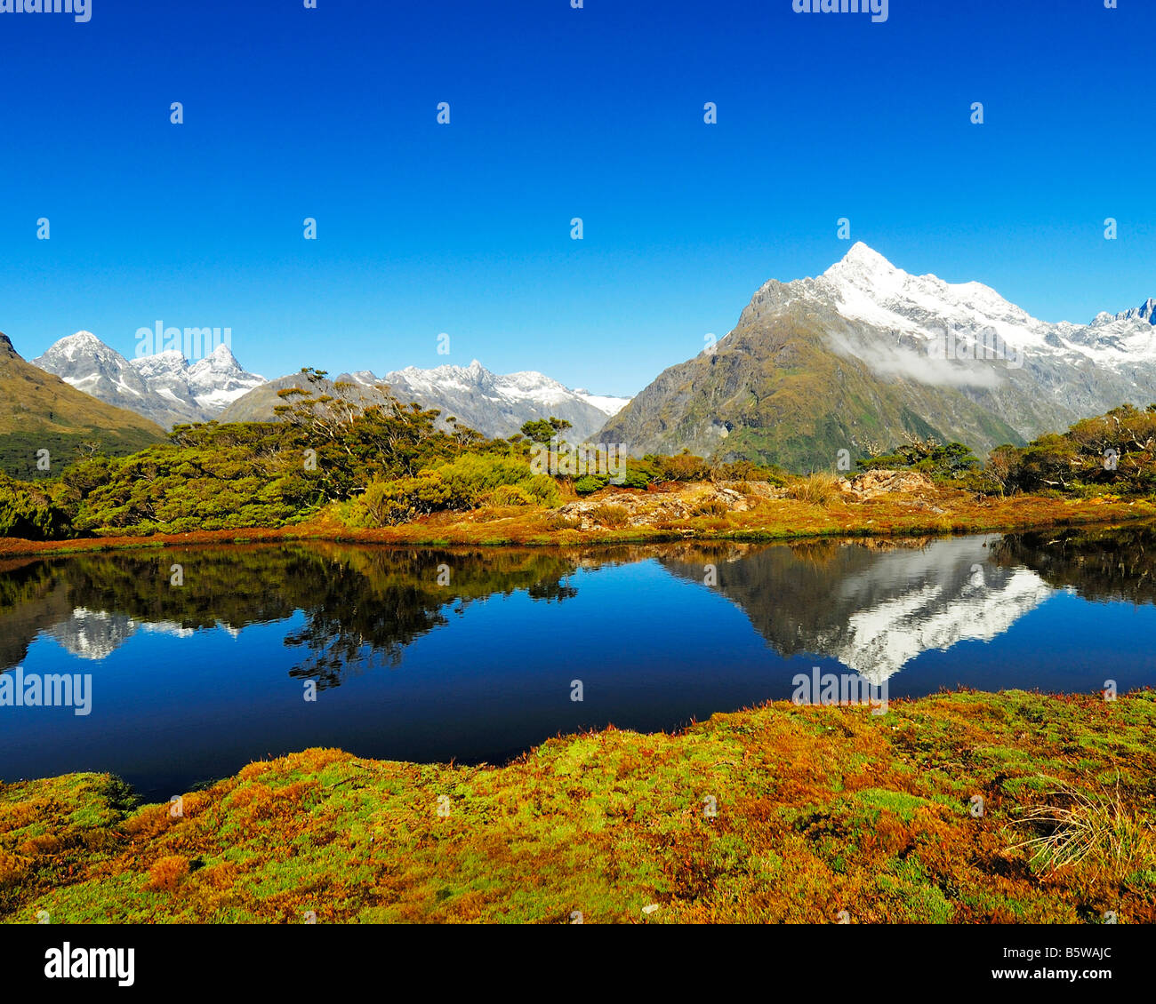 Vertice di chiave con uno specchio di Mt. Christina, Fjordlands, il Parco Nazionale del Patrimonio Mondiale a sud ovest della Nuova Zelanda, Costa Ovest, Sud Foto Stock