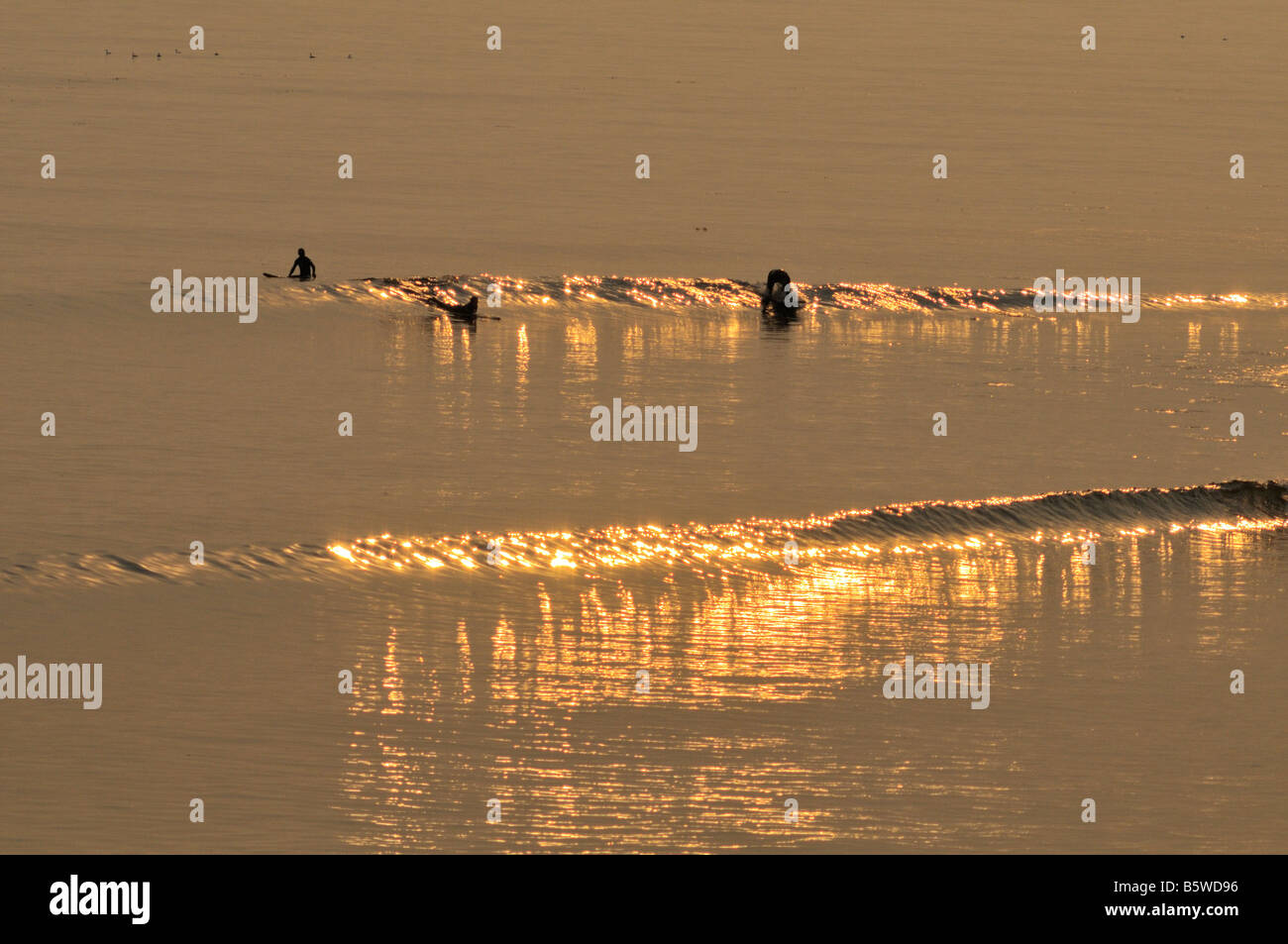 Prendere il Golden Wave - surfers aspettando e onde di cattura nelle acque al largo di stato Topanga Beach, California Foto Stock