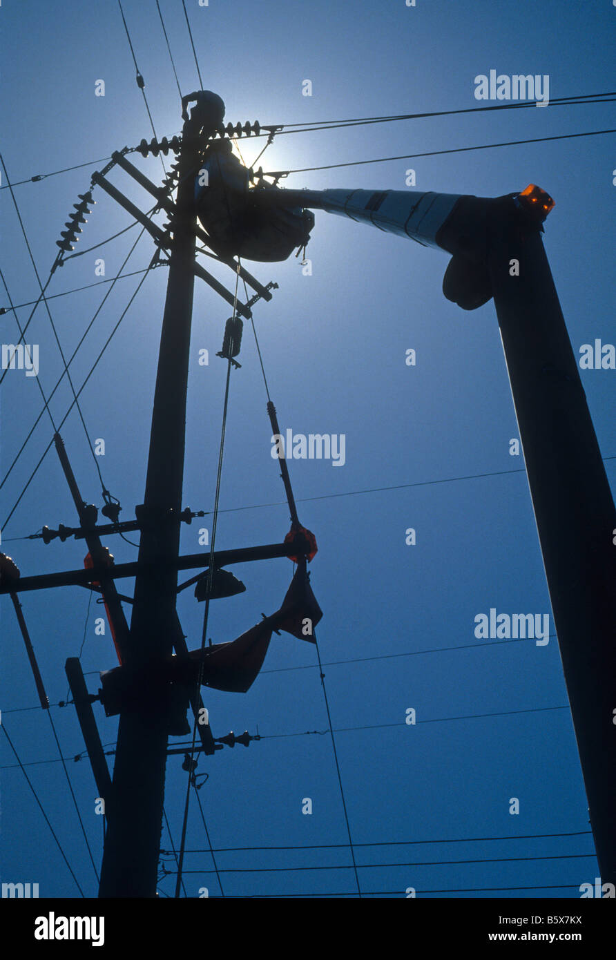 Lavoratori elettrici in cherry picker gru sul lavoro ad alta tensione della linea di alimentazione dei fili. Foto Stock
