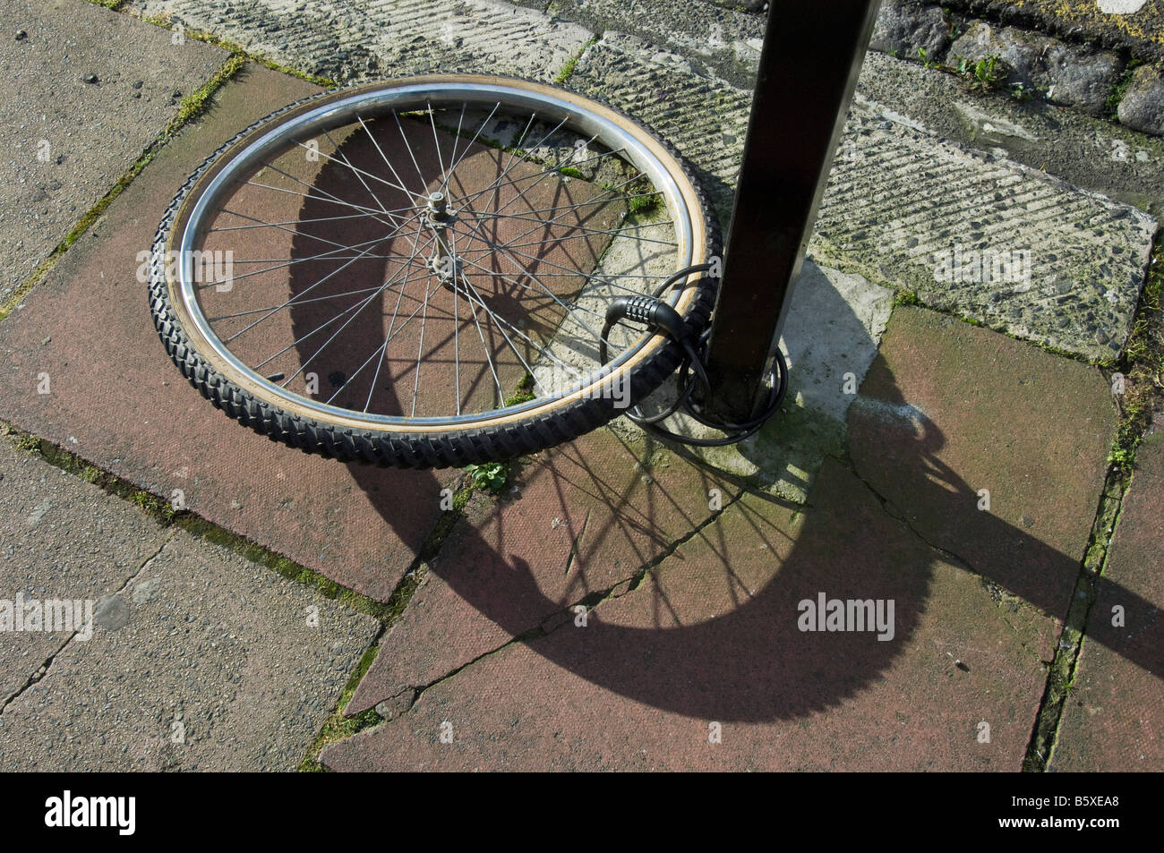 Una ruota di bicicletta è collegato a un post. Il resto della moto è stato rubato. Foto Stock