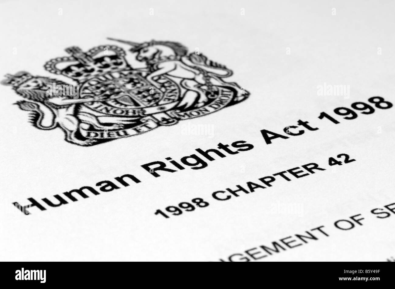 Macro shot del controverso REGNO UNITO legge sui Diritti Umani del 1998. Foto Stock
